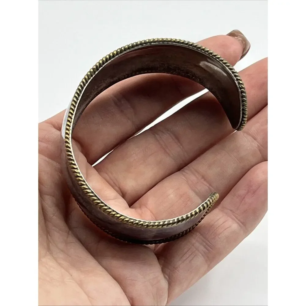 LATON MEXICO 925 Silver Vintage Two Tone Raised Braided Edge Cuff Bracelet